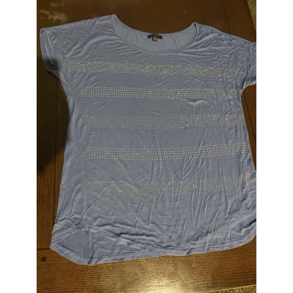 Jonathan Martin Blue Rhinestone Striped Short Sleeve Blouse Top Plus 3XL 265